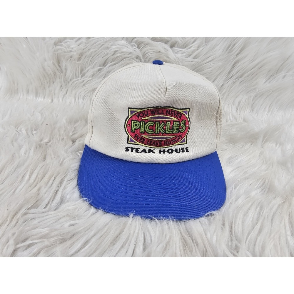Vintage 90s Pickles Steakhouse Blue Rim Beige Top Snapback Trucker Hat Cap Food